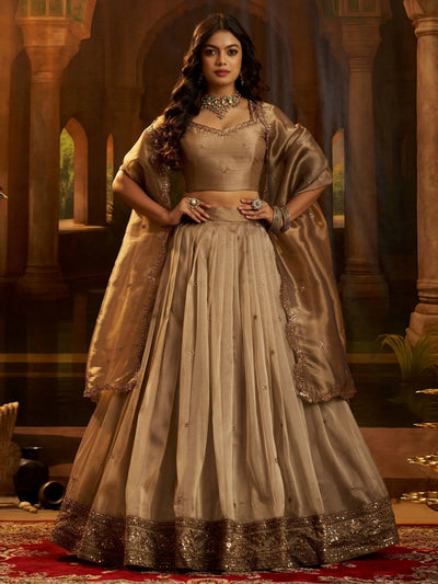 Brown Sequins Organza Wedding Wear Lehenga Choli for Women
