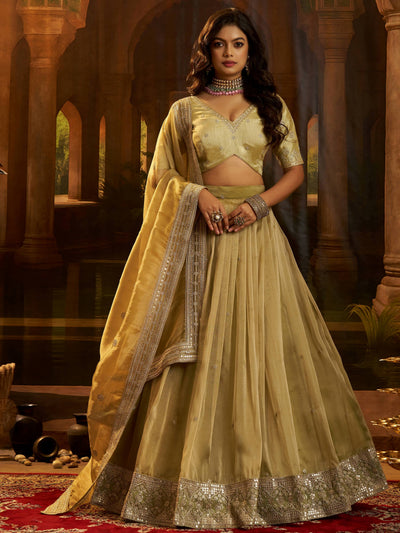 Golden Embroidered Organza Party Wear Lehenga Choli for Women