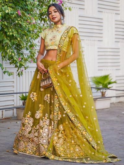 Green Mirror Embroidered Net Reception Lehenga Choli for Women