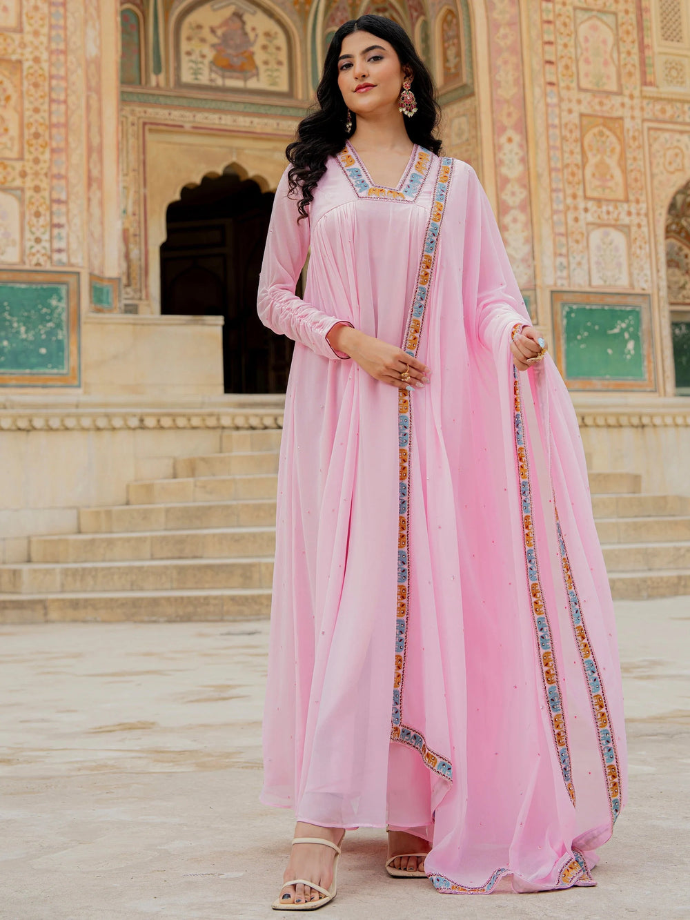 Pink Embroidered Georgette Festival Wear Gown With Dupatta for Women