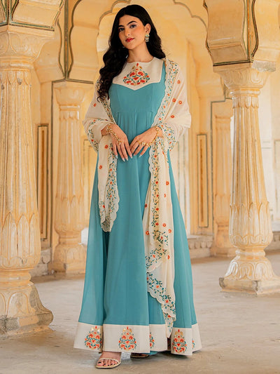 Blue Embroidered Georgette Festive Wear Gown With Dupatta for Women