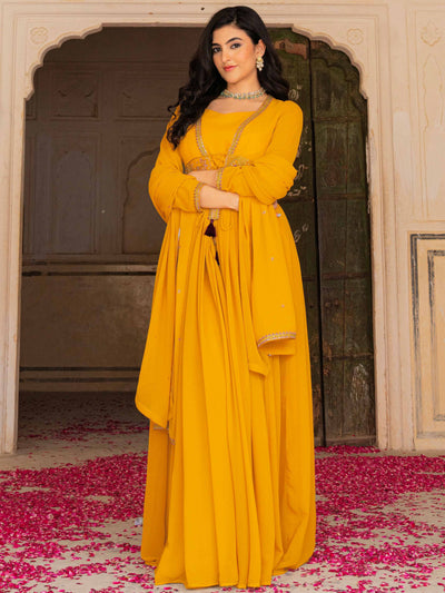 Yellow Embroidered Georgette Haldi Wear Gown With Dupatta for Women