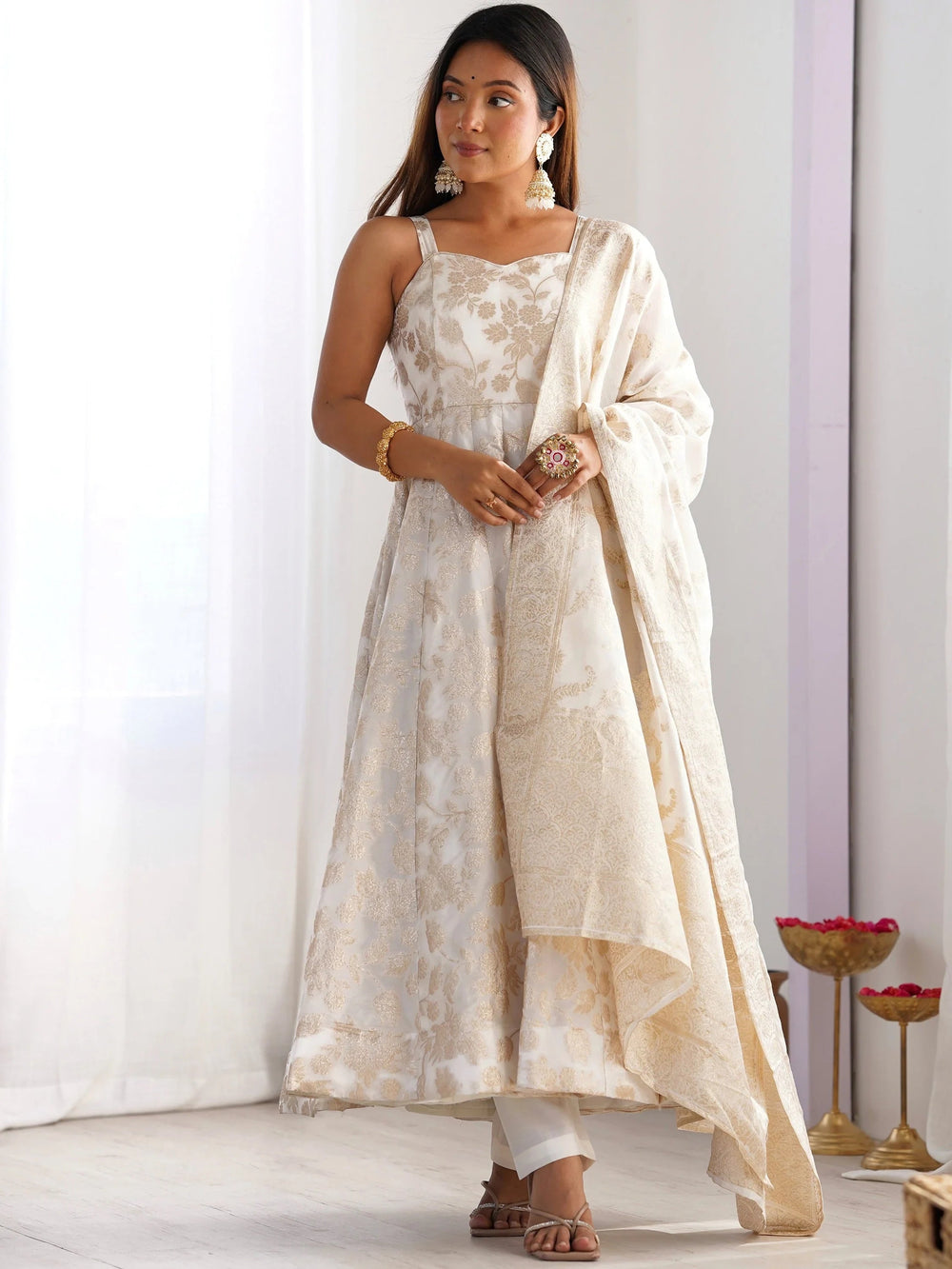 Off-White Zari Weaving Silk Festival Wear Anarakali Suit