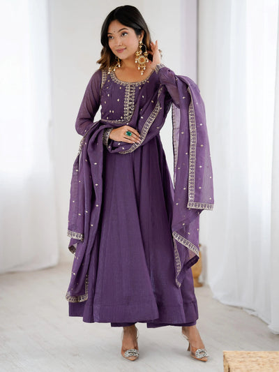 Purple Sequins Silk Wedding Wear Anarkali Gown With Dupatta for Women