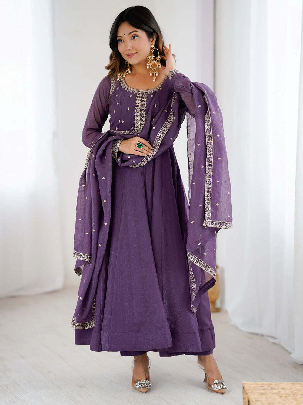 Purple Sequins Silk Wedding Wear Anarkali Gown With Dupatta for Women