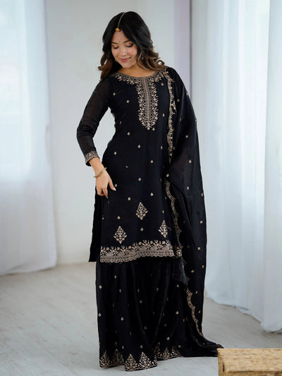 Black Silk Zari Embroidered Wedding Wear Sharara Suit for Women