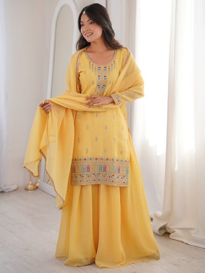 Superb Yellow Dori Embroidered Silk Haldi Wear Sharara Suit for Women
