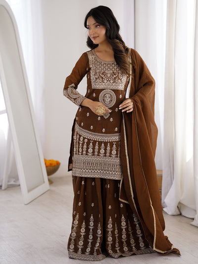 Brown Dori Embroidery Silk Eid Special Sharara Suit for Women