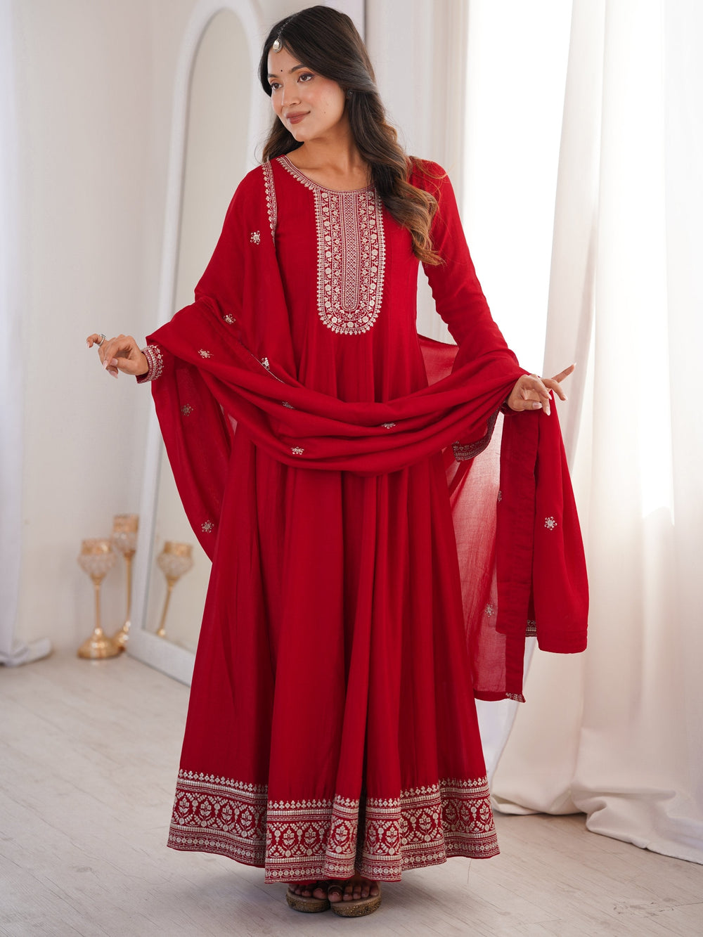 Red Engaging Zari Work Silk Reception Wear Gown With Dupatta for Women