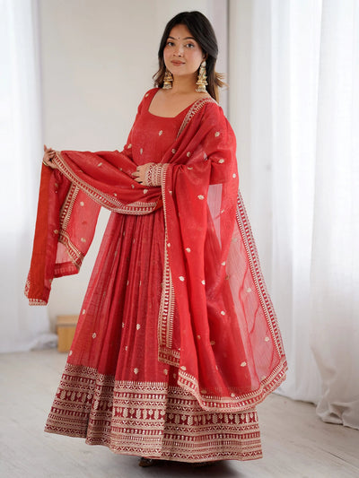 Red Embroidered Silk Festive Wear Gown With Dupatta for Women