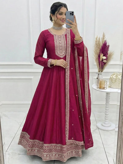 Pink Sequins Silk Festival Wear Anarkali Gown With Dupatta for Women