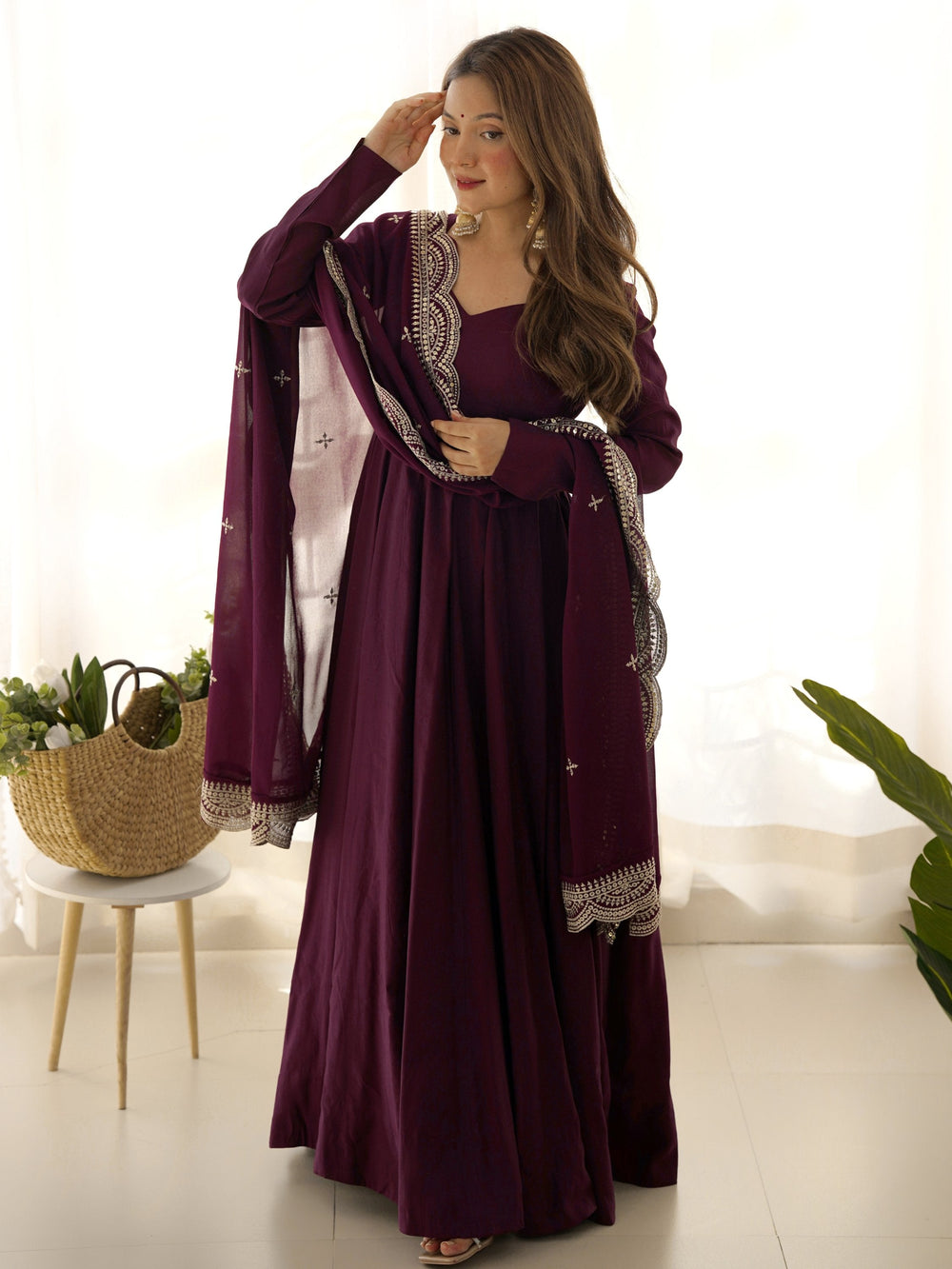 Wine Superior Silk Anarkali Pant Suit With Embroidered Dupatta