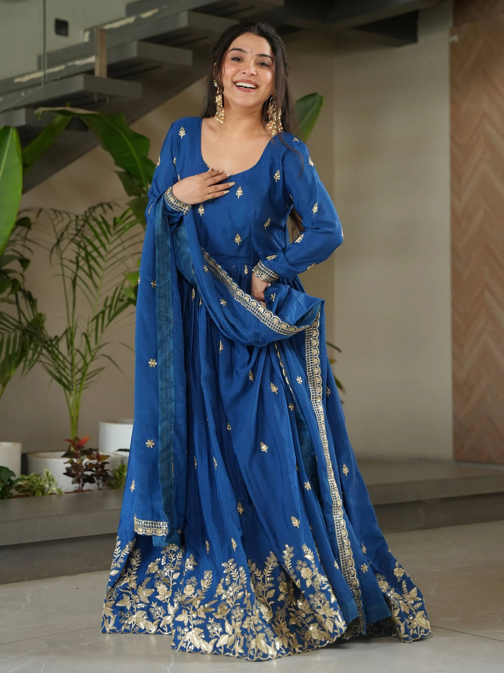 Blue Chinon Floral Embroidered Festival Gown With Dupatta