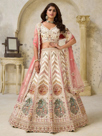 Cream Embroidered Silk Bridesmaid Lehenga Choli With Dupatta for Women