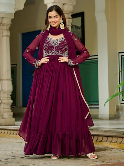 Maroon Georgette Embroidered Festive Wear Gown With Dupatta