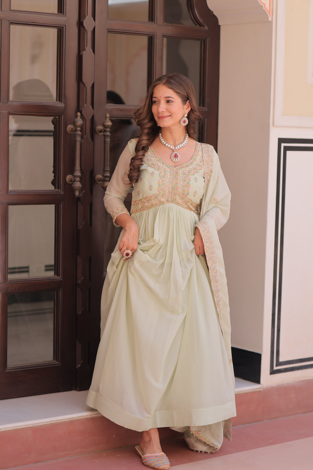 Georgette Thread Work Gown With Dupatta - Pista