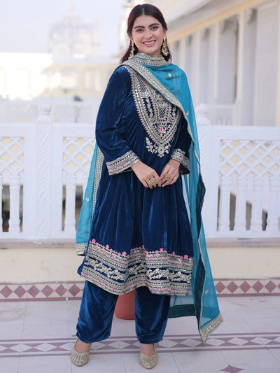 Blue Velvet Embroidered Festival Wear Salwar Kameez for Women