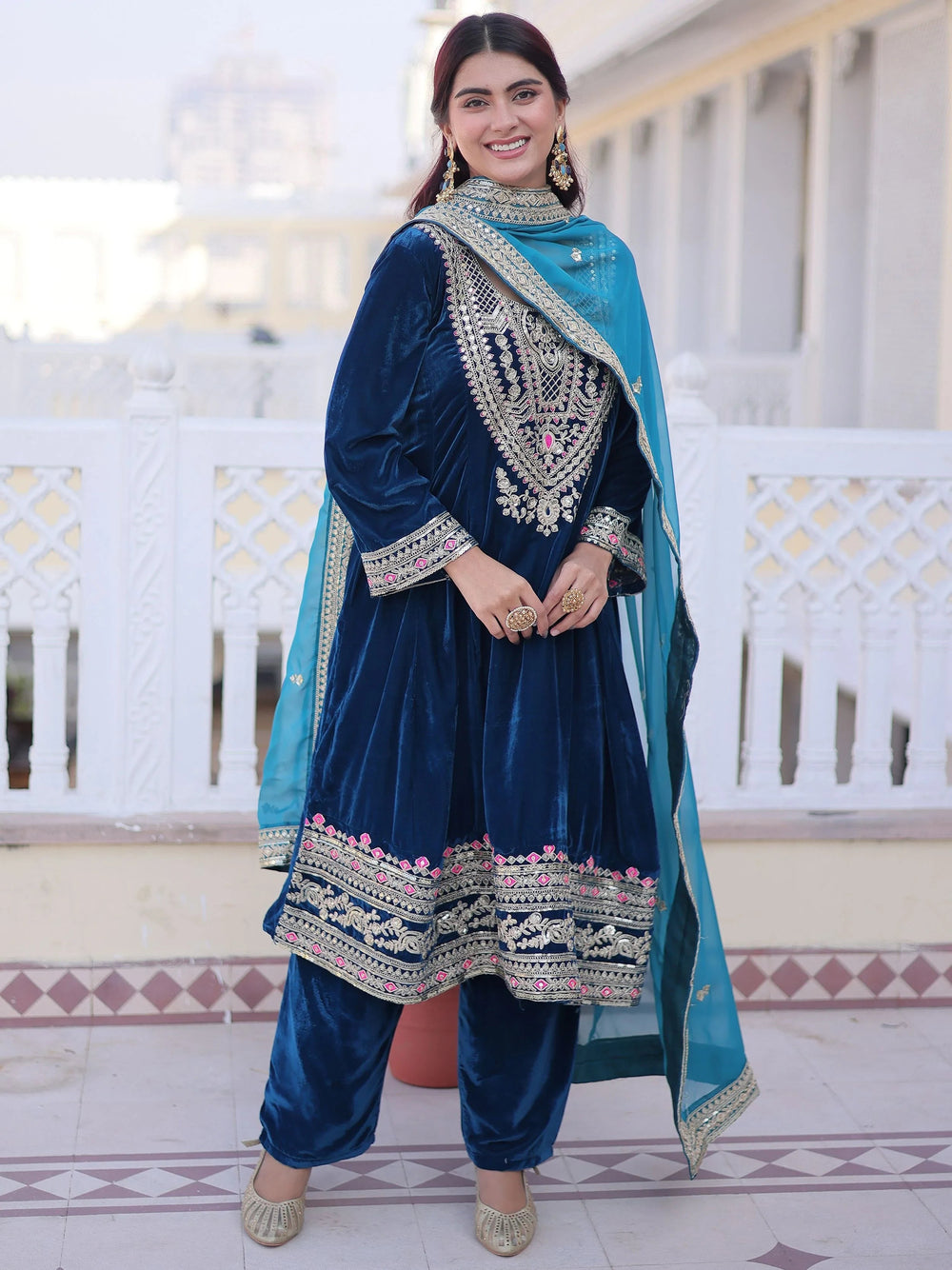 Blue Velvet Embroidered Festival Wear Salwar Kameez for Women