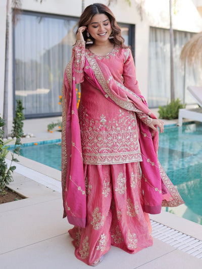 Pink Zari Embroidered Crushed Festive Wear Sharara Suit