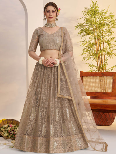 Gleaming Gray Sequins Net Bridesmaid Lehenga Choli With Dupatta for Women