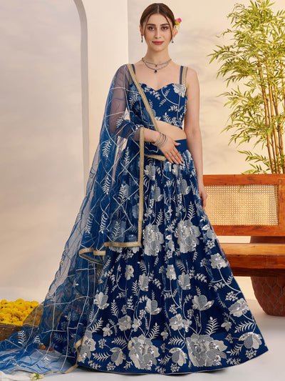 Teal Blue Thread Embroidered Net Party Wear Lehenga Choli for Women