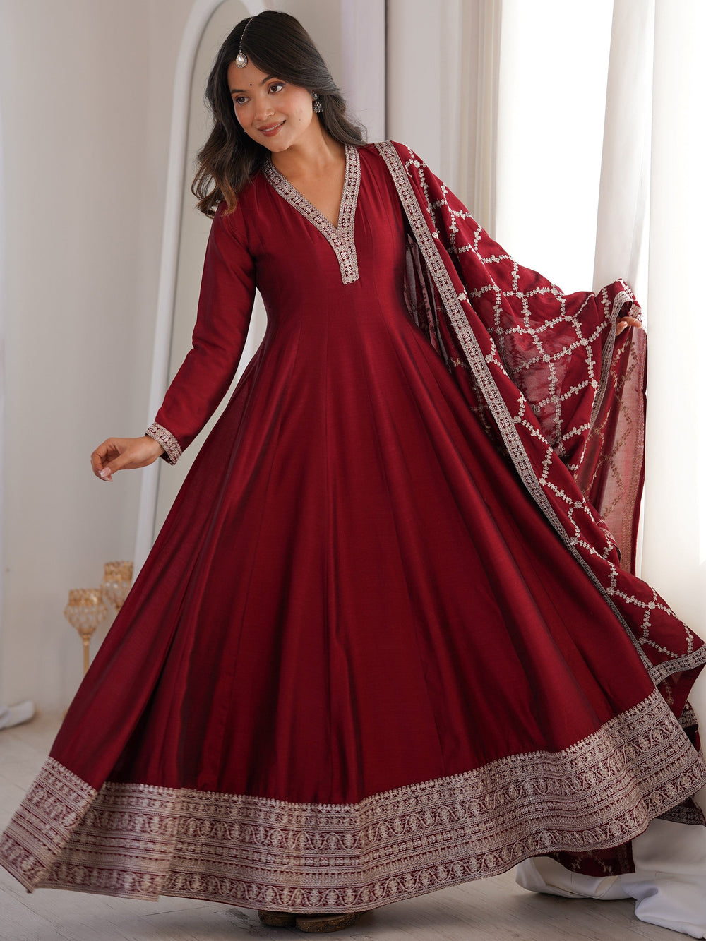 Glamorous Maroon Embroidered Silk Festival Wear Gown With Dupatta for Women