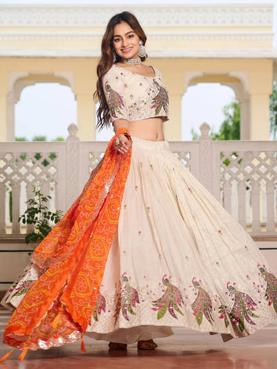 Orange Ravishing Pure Tissue Silk Sequins Work Lehenga Choli for Women