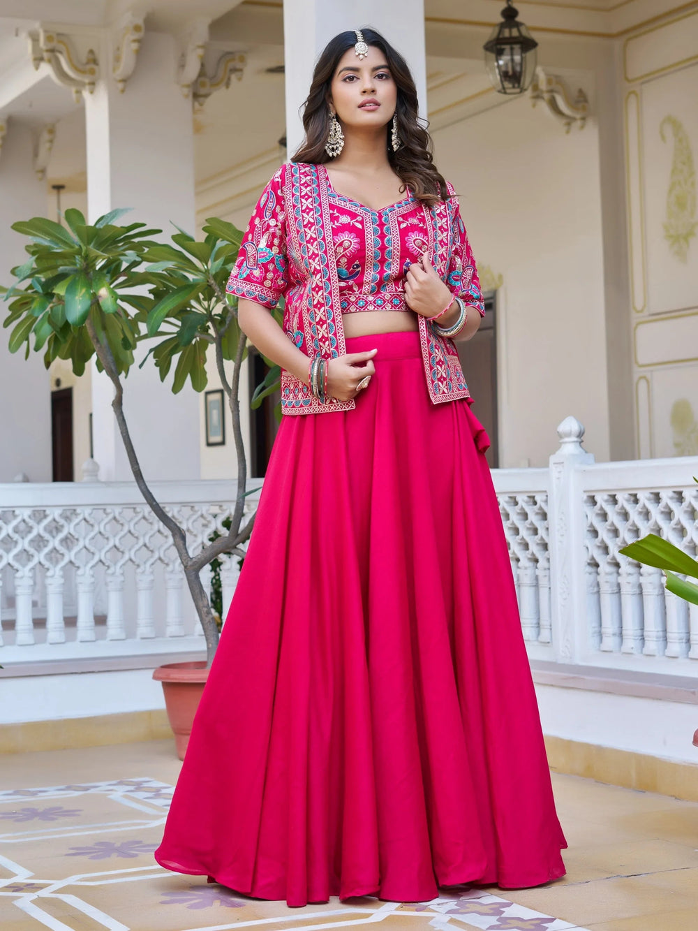 Stylish Pink Embroidered Silk Festive Wear Lehenga Choli With Jacket for Women