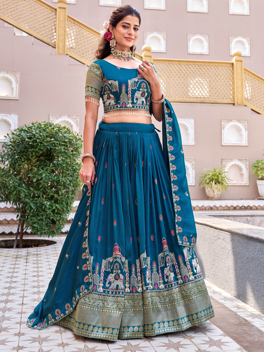 Blue Graceful Thread Embroidered Silk Wedding Lehenga Choli for Women