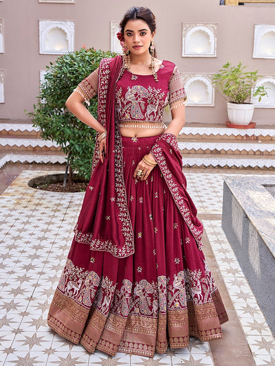 Red Graceful Thread Embroidered Silk Wedding Lehenga Choli for Women