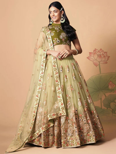 Pista Green Net Embroidered Wedding Lehenga Choli for Women