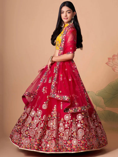 Vibrant Pink Embroidered Net Festival Wear Lehenga Choli Choli
