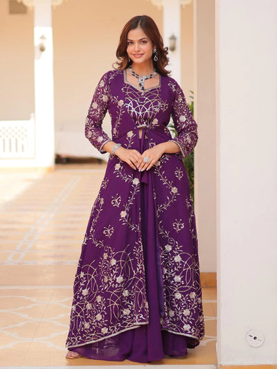 Chic Purple Thread Embroidered Palazzo Suit With Shrug for Women