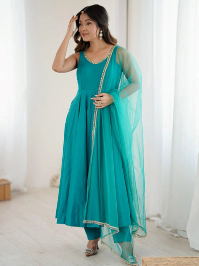 Green Lace Work Silk Festive Wear Anarkali Suit for Women