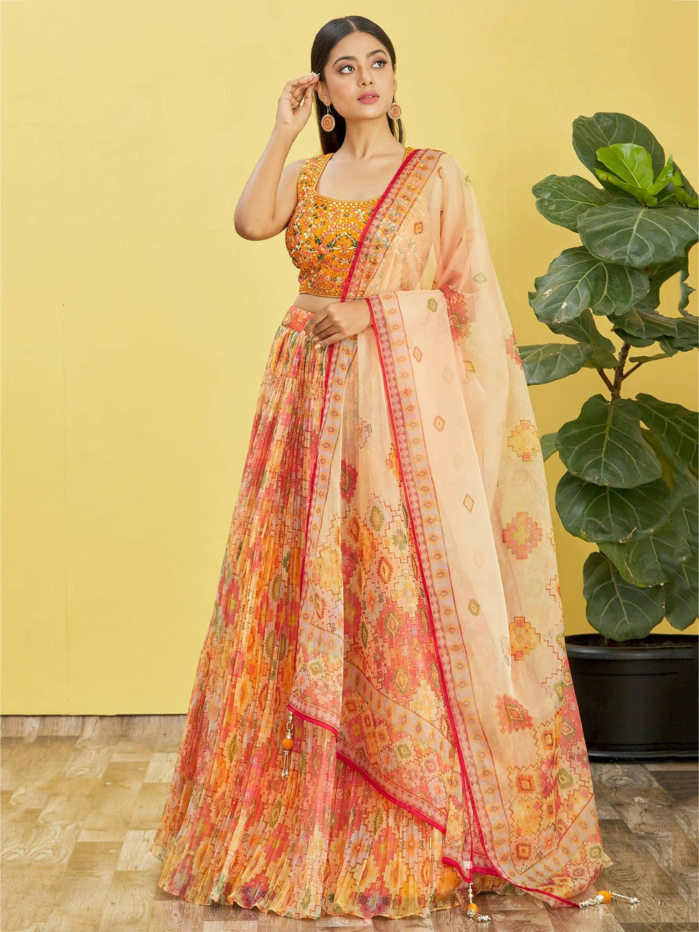 Bright Yellow Mirror Work Organza Function Lehenga Choli for Women