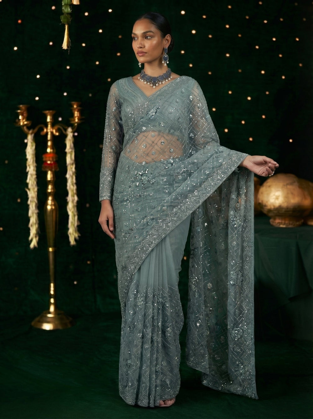 Elegant Grey Handworked Net Saree with Intricate Beads & Sequin Embroidery - Zimonza