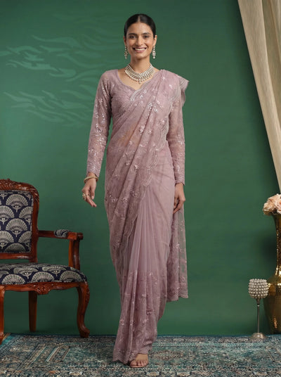 Elegant Mauve Pink Designer Saree with Intricate Embroidery & Scalloped Border - Zimonza