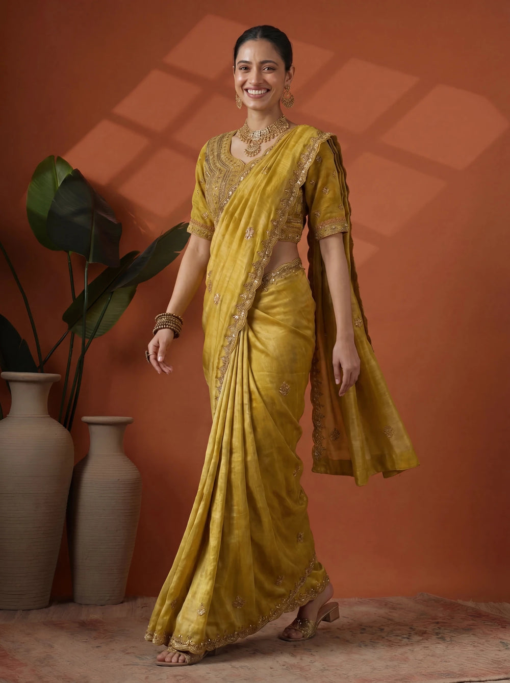 Luxury Mustard Gold Saree with Intricate Embroidery & Border - Zimonza