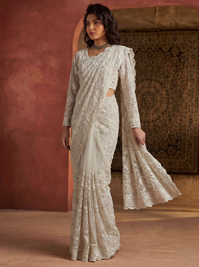 Premium Off White Net Saree with Heavy Thread & Sequin Handwork - Zimonza