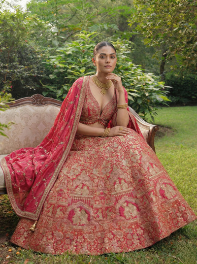 Crimson Viscose Jacquard Weaving Bridal Lehenga Choli Set