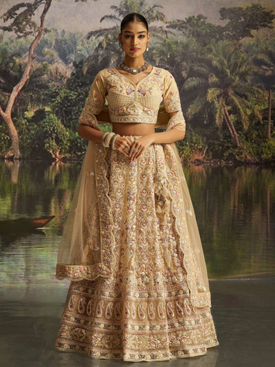 Cream Net Dori Embroidered Engagement Wear Lehenga Choli for Women
