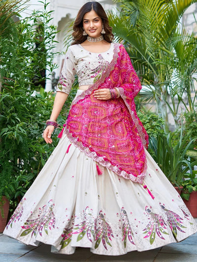 Off White Ravishing Pure Tissue Silk Sequins Work Lehenga Choli for Women