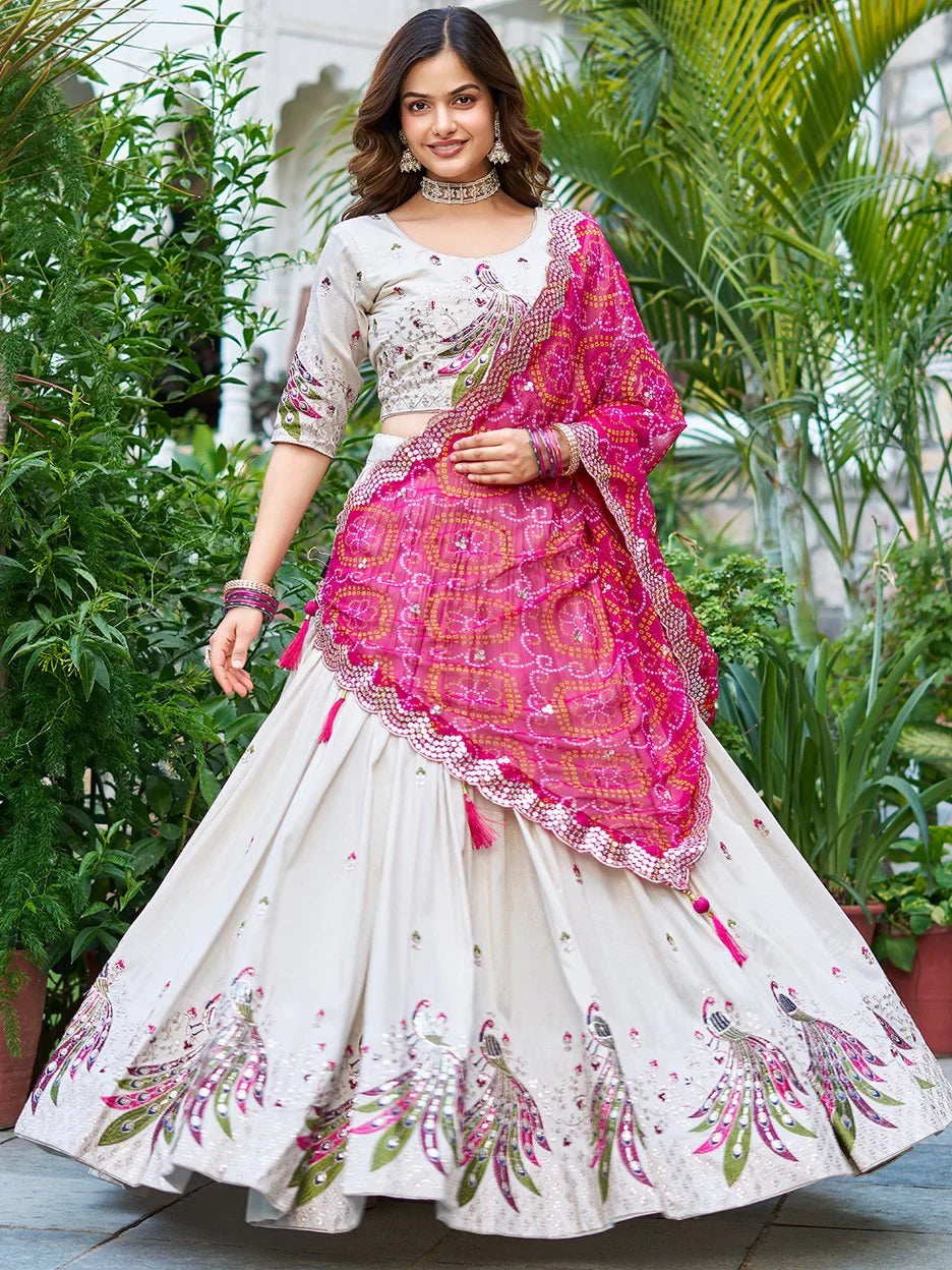 Off White Ravishing Pure Tissue Silk Sequins Work Lehenga Choli for Women
