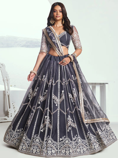 Grey Slate Embroidered Net Engagement Wear Lehenga Choli for Women
