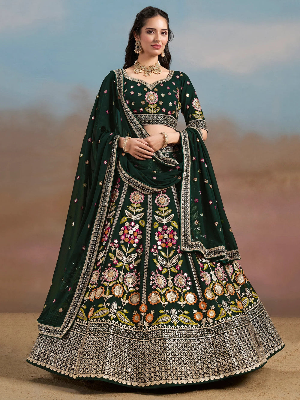 Sequins georgette lehenga choli with dupatta for wedding and mehendi ceremony