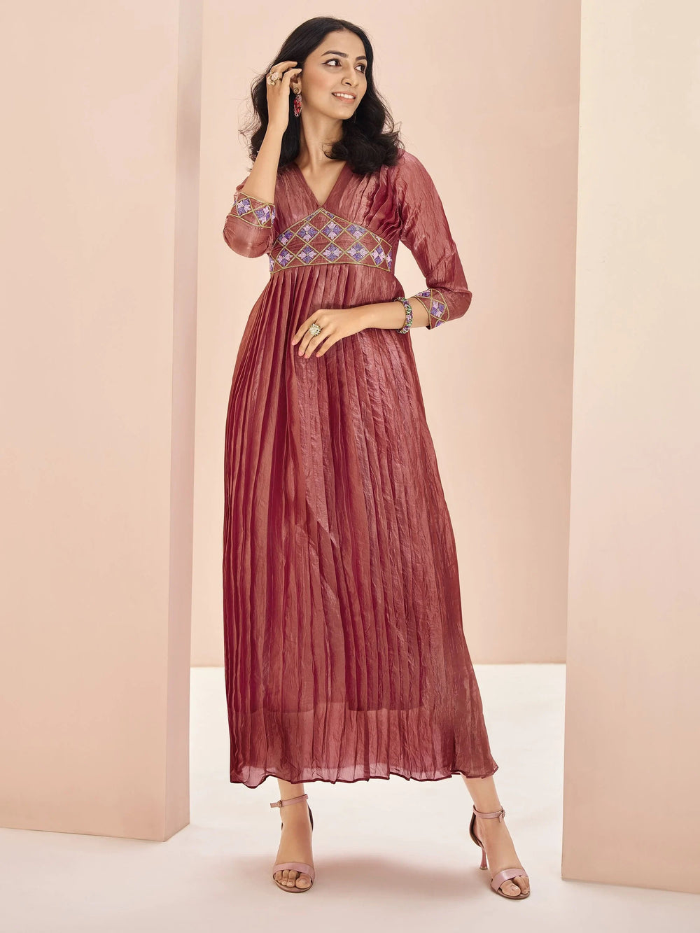 Coral Red Embroidered Organza Event Wear Kurti