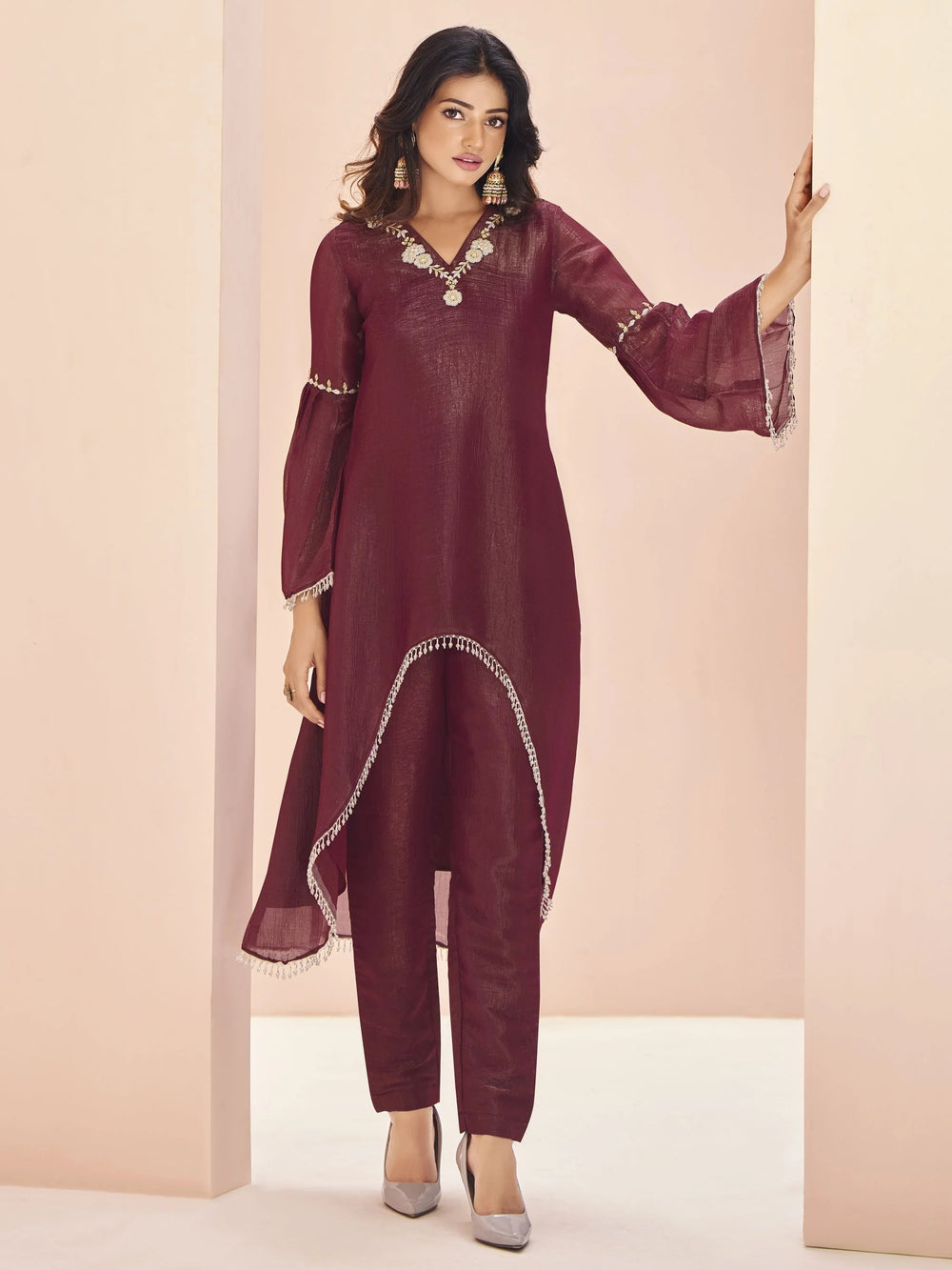 Maroon Embroidered Organza Designer Pant Suit