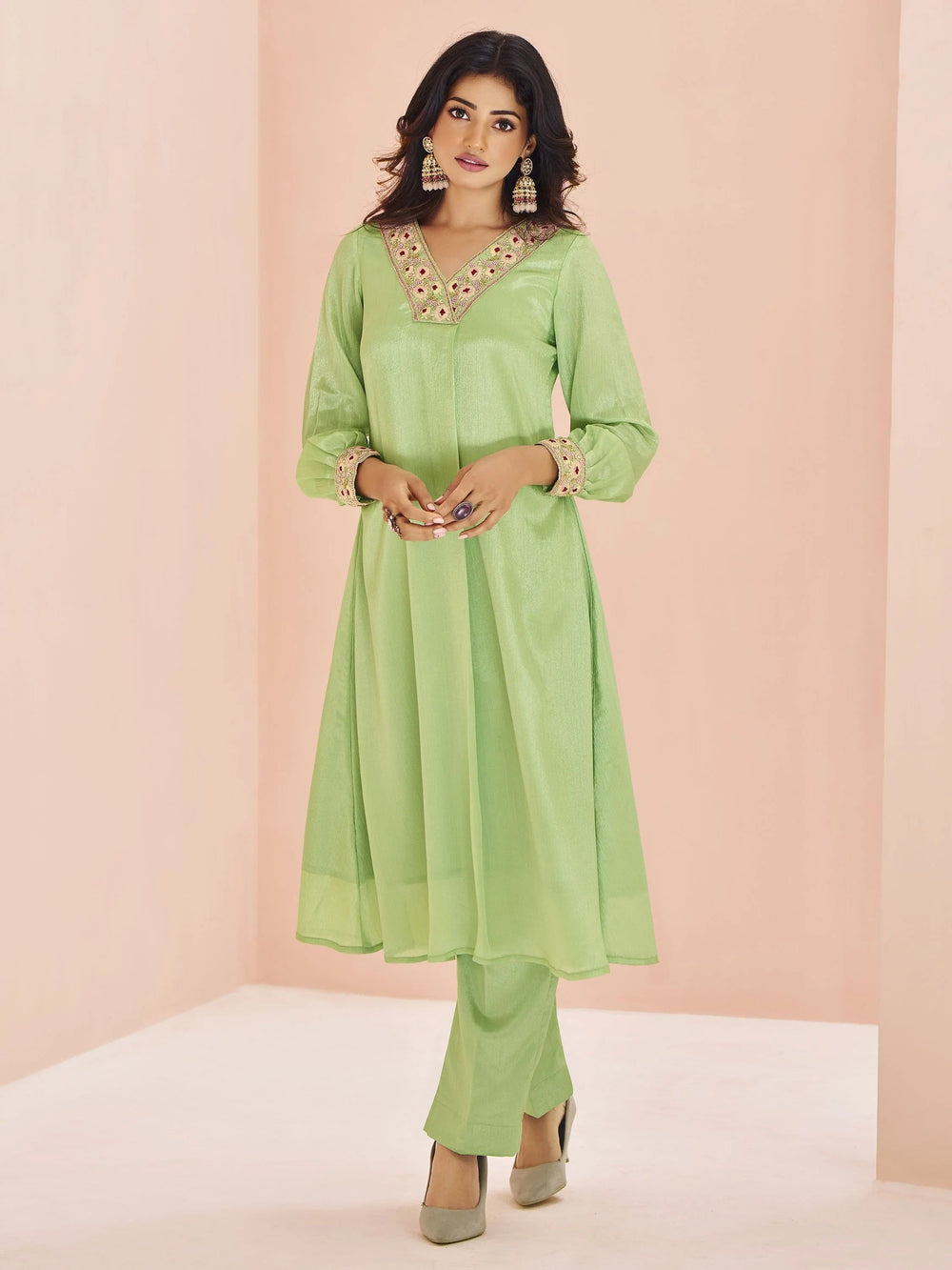 Pista Green Embroidered Chinon Designer Pant Suit