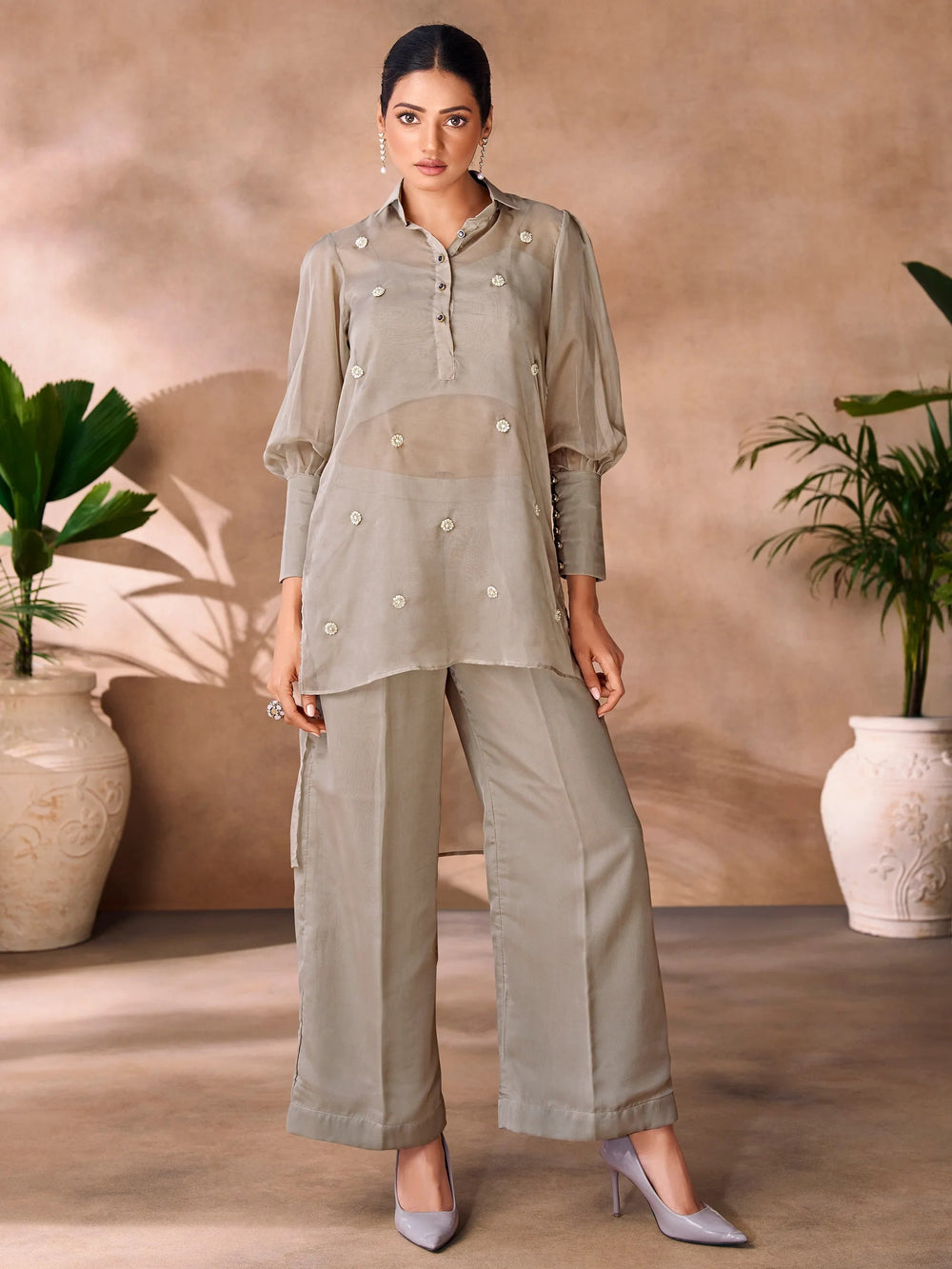 Grey Hand Work Organza Party Wear Co-Ord Set
