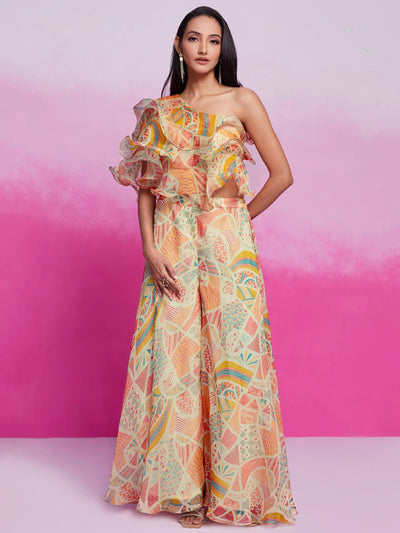 Cream Digital Printed Organza Party Wear Crop Top Palazzo